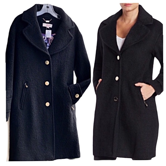TGIBF Sale NWT Eliza J x Saks Classic Chic Navy Mid Wool Trench Coat - Picture 2 of 8
